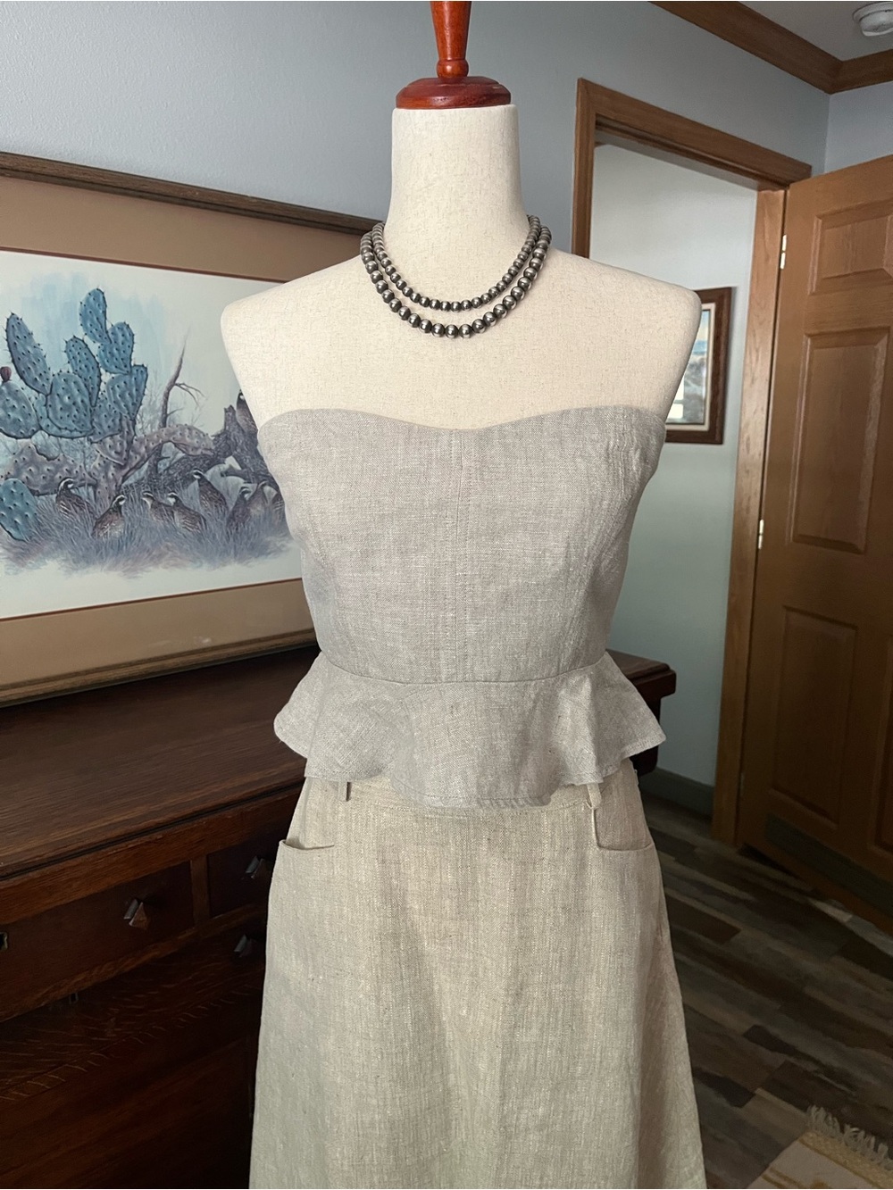 J.Crew Linen Peplum strapless grey beige